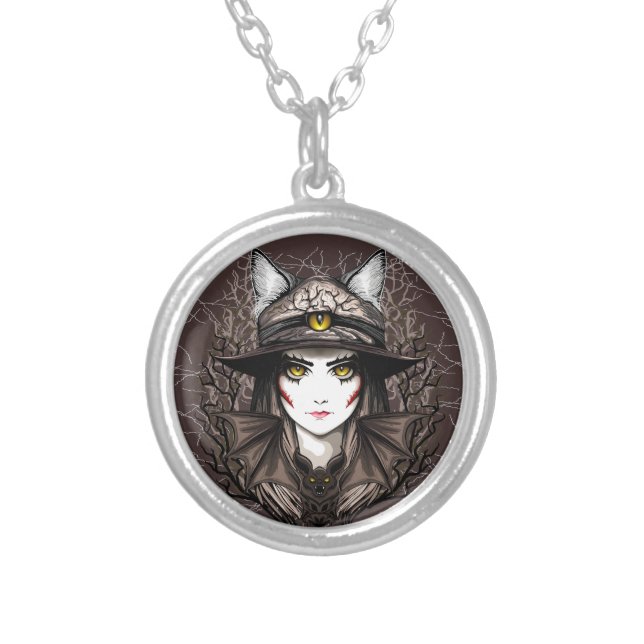 Witch Cat Halloween Creepy Cute Portrait Silver Plated Necklace (Front)