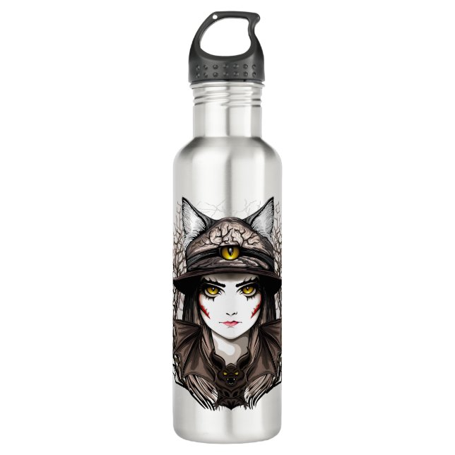 Witch Cat Halloween Creepy Cute Portrait Stainless Steel Water Bottle (Front)