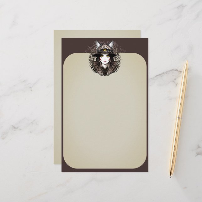 Witch Cat Halloween Creepy Cute Portrait Stationery (Front/Back In Situ)