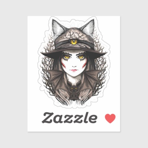 Witch Cat Halloween Creepy Cute Portrait Sticker