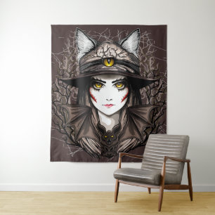 Witch Cat Halloween Creepy Cute Portrait Tapestry
