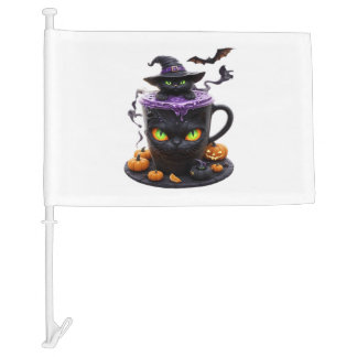 Witch Cat Halloween Latte  Creepy Cute Coffee with Car Flag