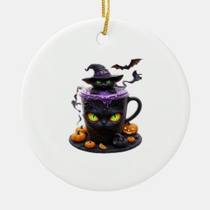Witch Cat Halloween Latte Creepy Cute Coffee with Ceramic Ornament