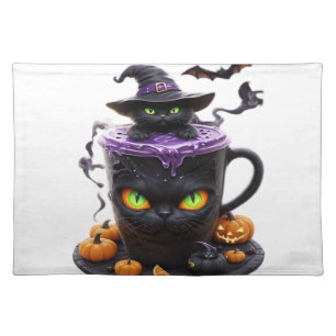 Witch Cat Halloween Latte Creepy Cute Coffee with Cloth Placemat