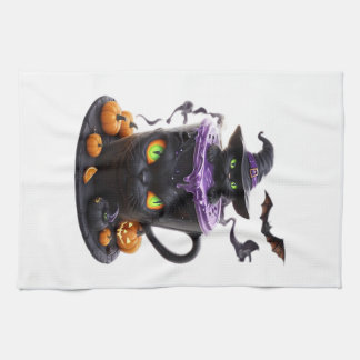 Witch Cat Halloween Latte  Creepy Cute Coffee with Kitchen Towel