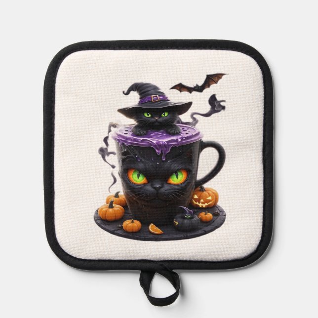 Witch Cat Halloween Latte  Creepy Cute Coffee with Pot Holder (Front)
