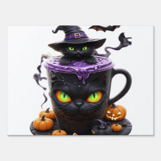 Witch Cat Halloween Latte  Creepy Cute Coffee with Sign