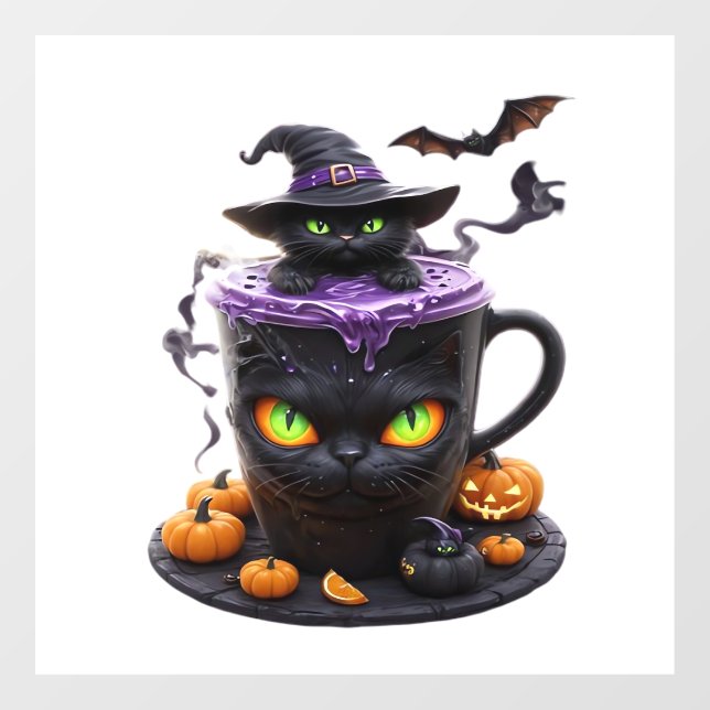 Witch Cat Halloween Latte  Creepy Cute Coffee with Window Cling (Sheet)