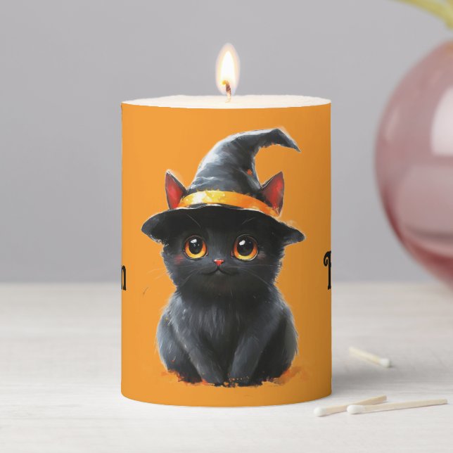 Witch Cat Halloween Pillar Candle (In Situ)