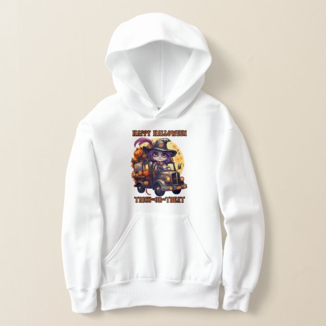 Witch Cat Halloween Trucker Kids Spooky Festive Ri Hoodie (Laydown)