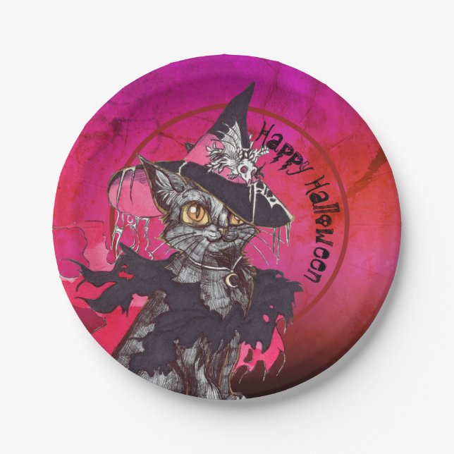 Witch Cat Happy Halloween Paper Plates (Front)
