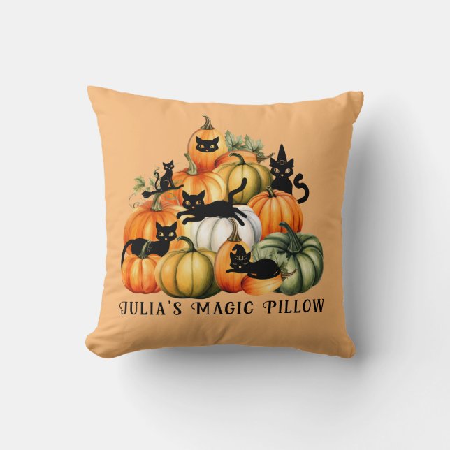 Witch Cat Jack O Lantern Halloween Magic Gifts Throw Pillow (Front)
