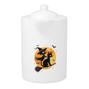 Witch Cat on a Broomstick – Halloween Night Vector Teapot