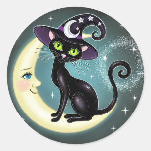 Witch Cat on Crescent Moon Halloween Wiccan Wicca Classic Round Sticker
