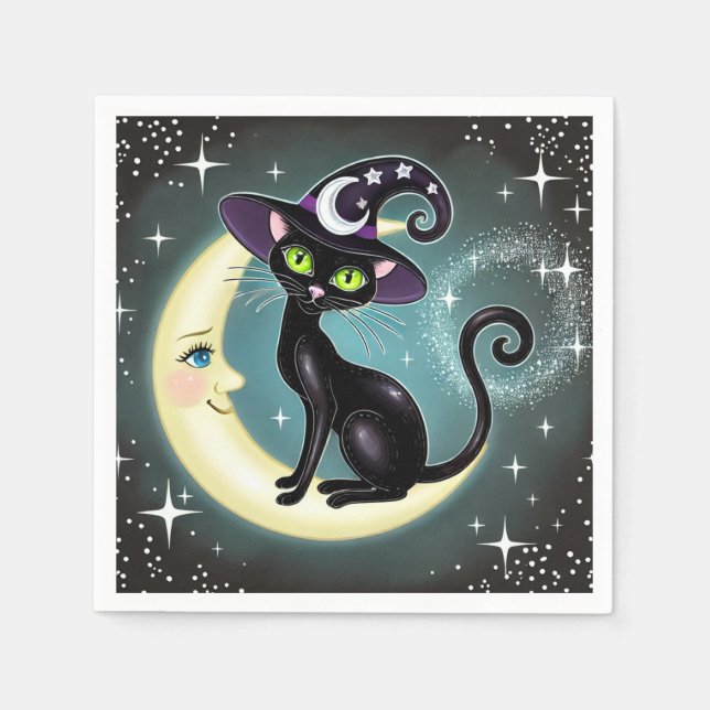 Witch Cat on Crescent Moon Halloween Wiccan Wicca  Napkins (Front)