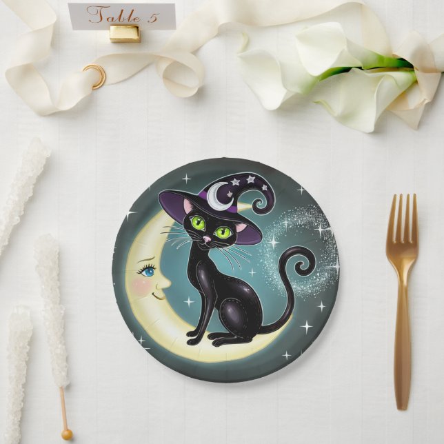 Witch Cat on Crescent Moon Halloween Wiccan Wicca  Paper Plates (Wedding)
