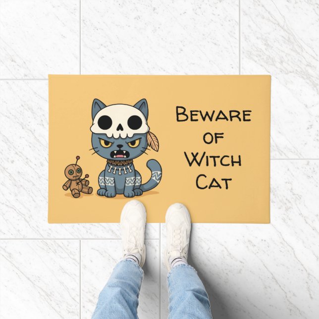 Witch Cat Voodoo Doll Yellow Custom Text Doormat (Indoor)