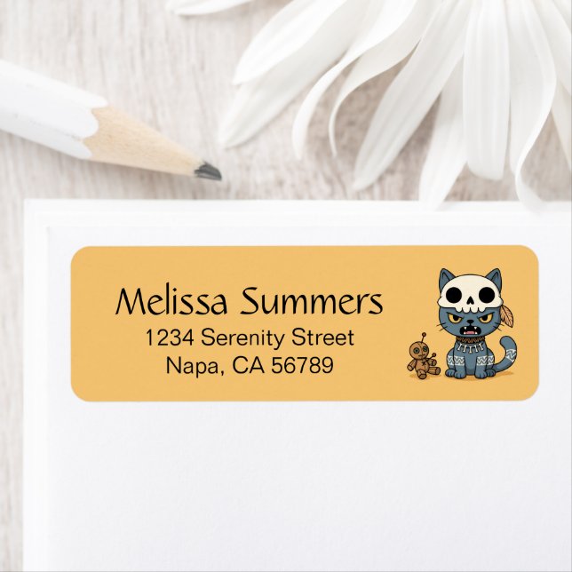 Witch Cat Voodoo Doll Yellow Return Address Label (Insitu)