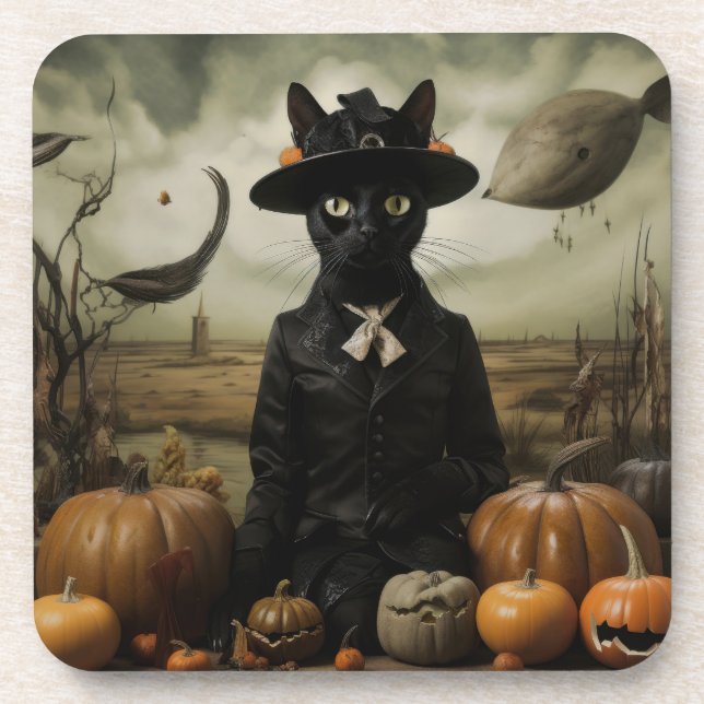 Witch Cat with Pumpkins  Beverage Coaster (Front)
