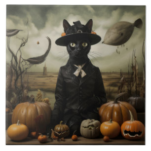 Witch Cat with Pumpkins  Ceramic Tile