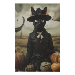 Witch Cat with Pumpkins Faux Canvas Print