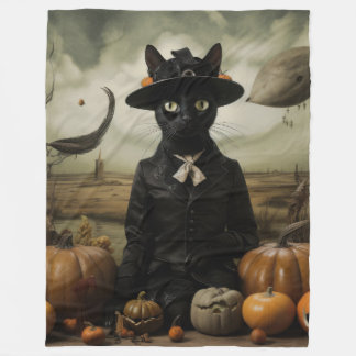 Witch Cat with Pumpkins  Fleece Blanket