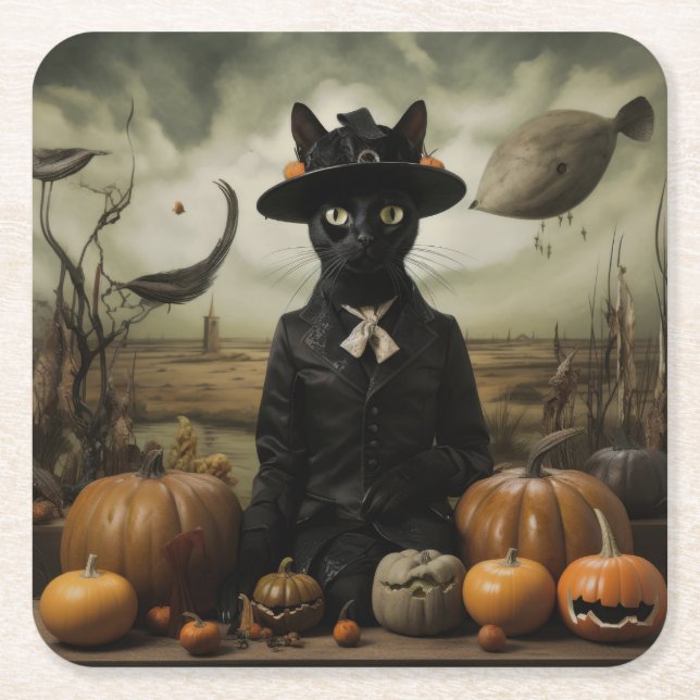 Witch Cat with Pumpkins  Square Paper Coaster (Front)