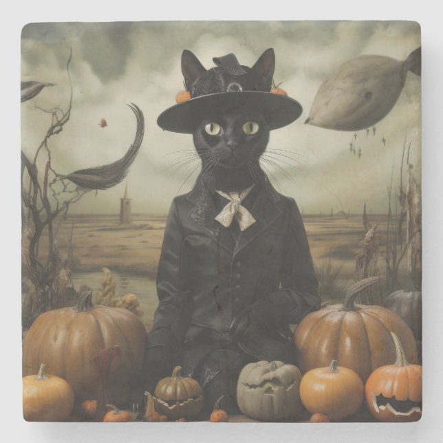 Witch Cat with Pumpkins  Stone Coaster (Front)
