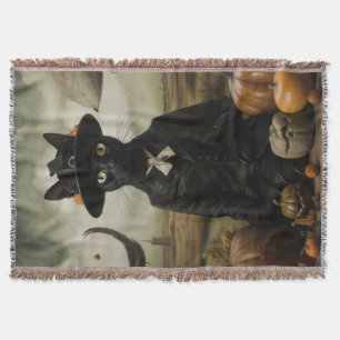 Witch Cat with Pumpkins Throw Blanket