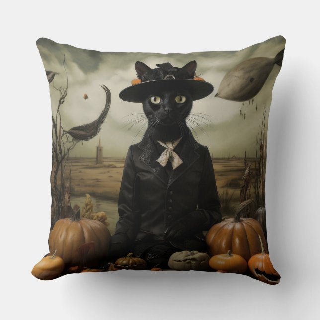 Witch Cat with Pumpkins  Throw Pillow (Front)