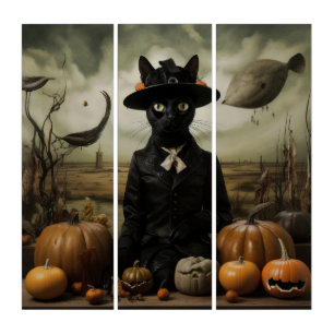 Witch Cat with Pumpkins  Triptych