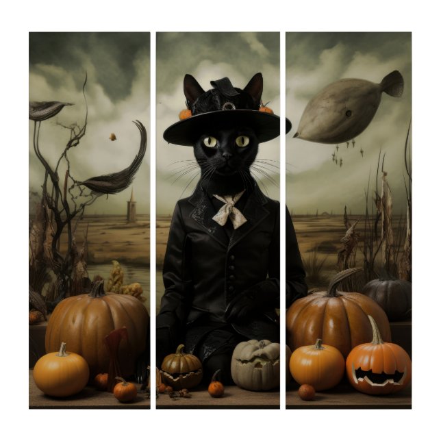 Witch Cat with Pumpkins  Triptych (Front)