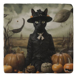 Witch Cat with Pumpkins Trivet
