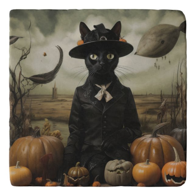 Witch Cat with Pumpkins  Trivet (Front)