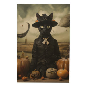 Witch Cat with Pumpkins Wood Wall Art