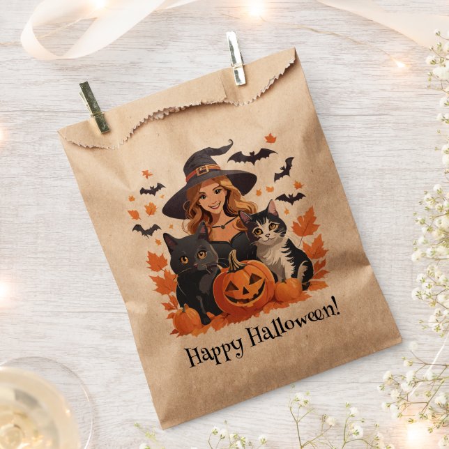Witch Cats Bats & Pumpkins Halloween Favor Bag (Clipped)