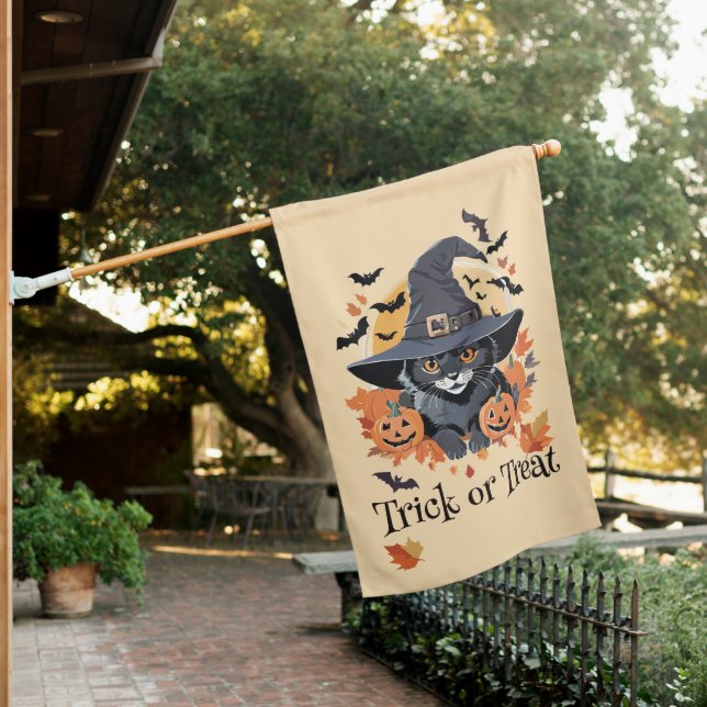 Witch Cats Bats & Pumpkins Halloween  House Flag (In SItu)