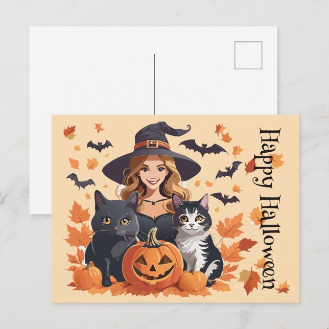 Witch Cats Bats & Pumpkins Halloween Postcard (Front/Back)