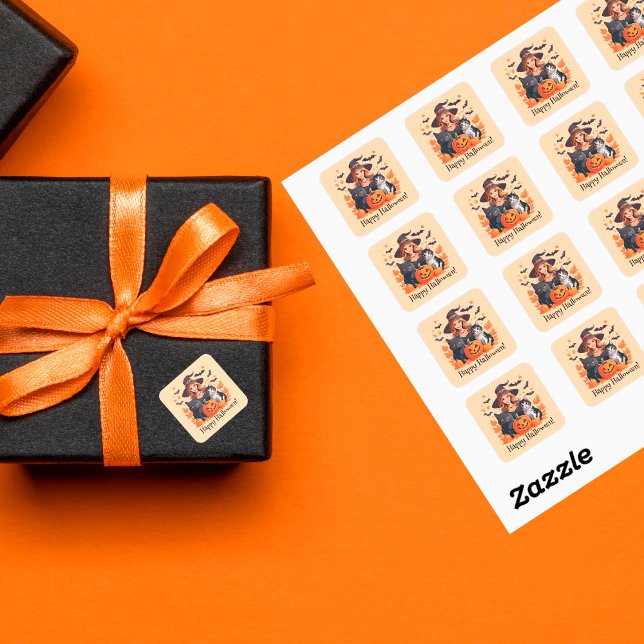 Witch Cats Bats & Pumpkins Halloween Square Sticker (Creator Uploaded)