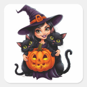Witch Cats Jack O Lantern Halloween 🐈⬛ Square Sticker