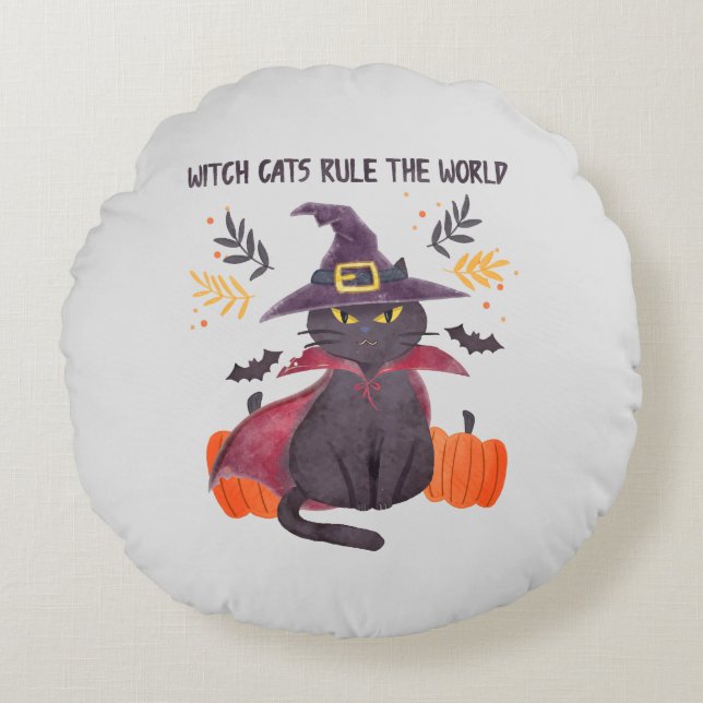Witch Cats Rule The World – Black Cat Round Pillow (Front)