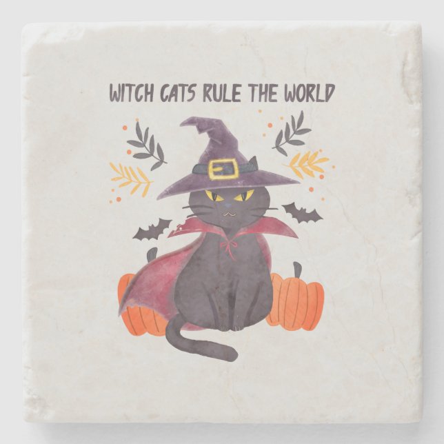 Witch Cats Rule The World – Black Cat Stone Coaster (Front)