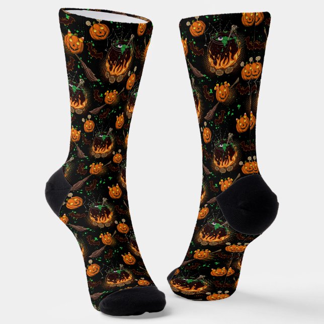 Witch Cauldron and Jack-o-lanterns Socks (Angled)