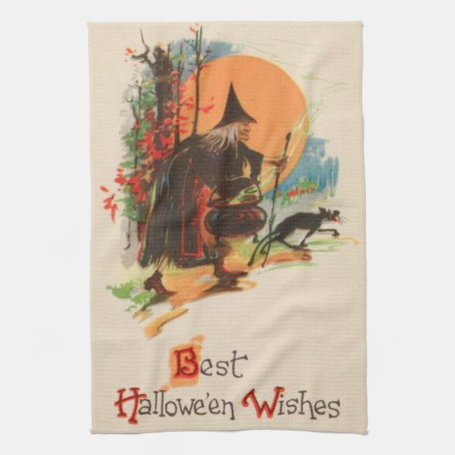 Witch Cauldron Black Cat Full Moon Towel (Vertical)