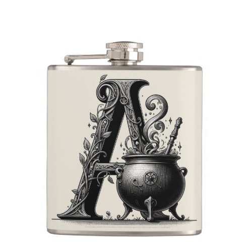 Witch Cauldron Witchy Letter A Custom Initial  Flask