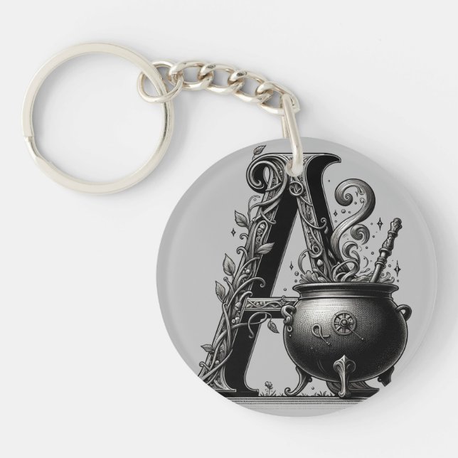 Witch Cauldron Witchy Letter A Custom Initial  Keychain (Front)