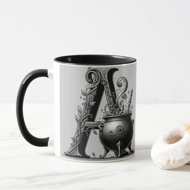 Witch Cauldron Witchy Letter A Custom Initial  Mug (With Donut)