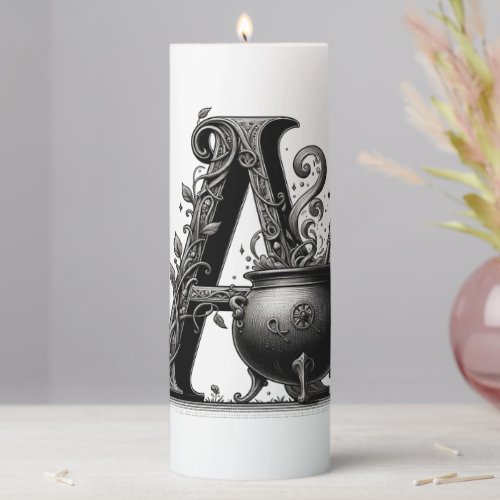 Witch Cauldron Witchy Letter A Custom Initial  Pillar Candle