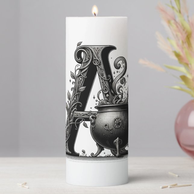 Witch Cauldron Witchy Letter A Custom Initial  Pillar Candle (In Situ)