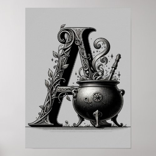 Witch Cauldron Witchy Letter A Custom Initial  Poster